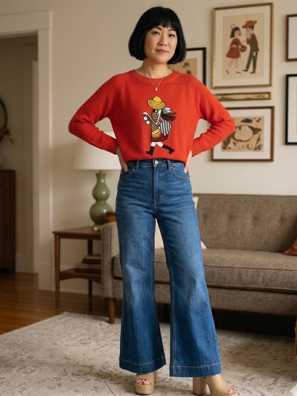 Vintage Tomato Red Embroidered Girl Hat Intarsia Textured Knit Lace Trim Sweater - Picture 2 of 9